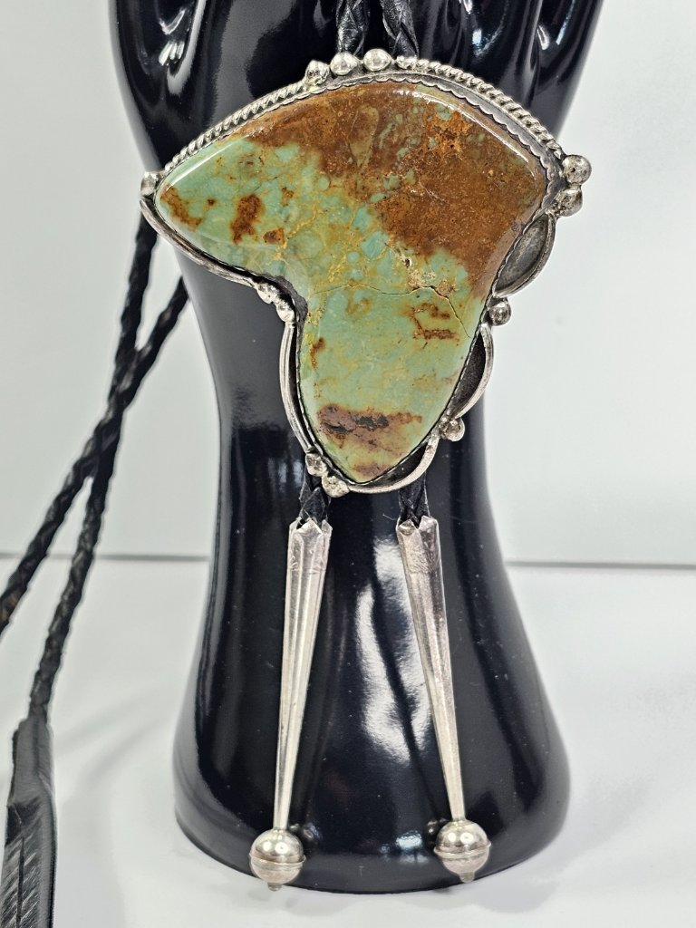 Navajo Sterling Silver Bolo Tie Large Turquoise Stone Signed Rr. Native Usa 55g